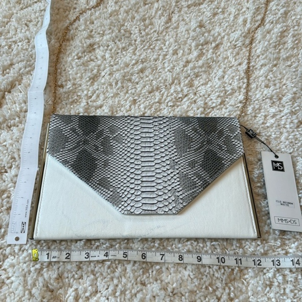 MMS Design Studio Snakeskin Chain Strap White Leather Envelope Clutch OS NWT